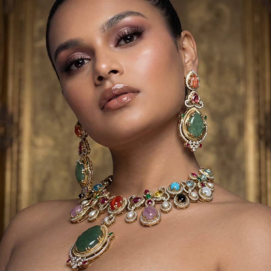Fine jewellery campaign — navratna necklace and earrings